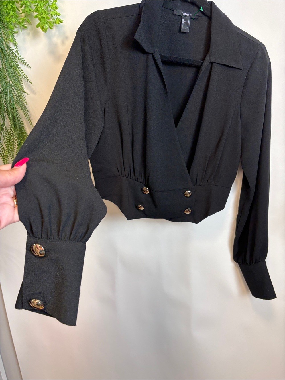 Forever 21 Black Cropped Wrap Blouse with Gold Accent Buttons